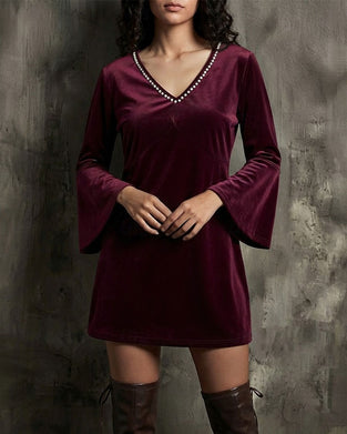 Kleid V-Ausschnitt Schlagärmel Langarm