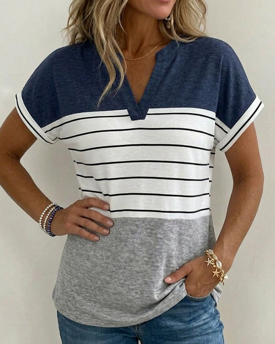T-Shirt V-Ausschnitt Kontrast Streifen