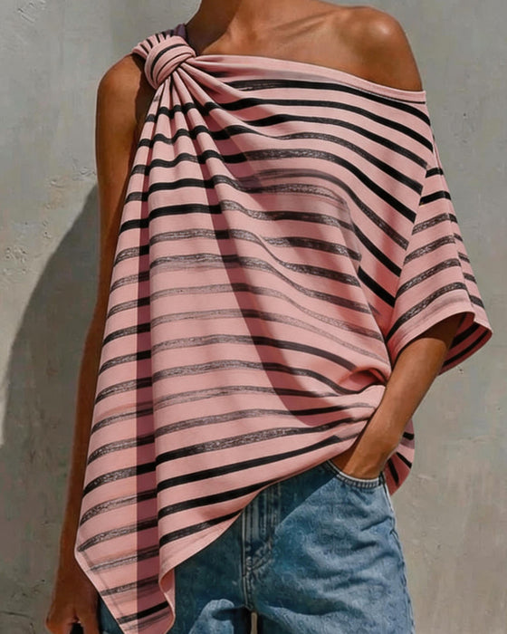 Bluse Gestreift Ein-Schulter Twist Knoten