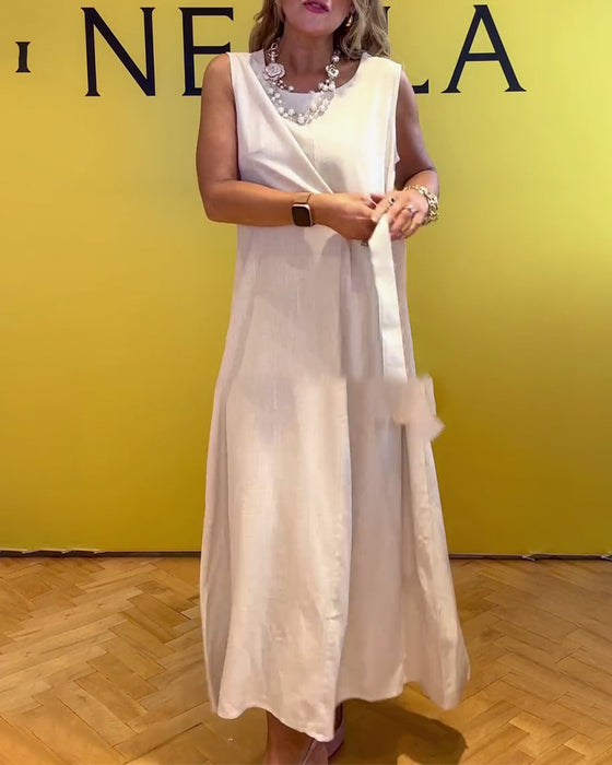 Kleid ärmellos Baumwolle und Leinen Taille einfarbig