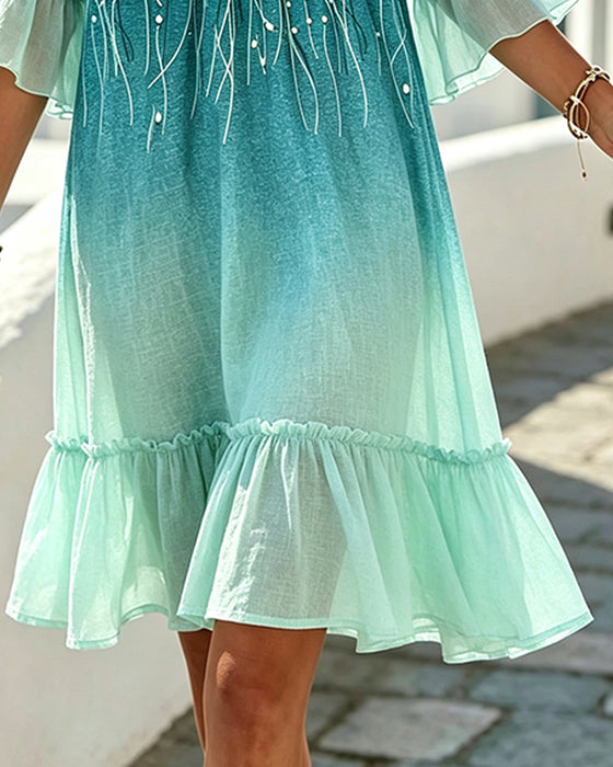 Kleid V-Ausschnitt Ombre Rüschensaum