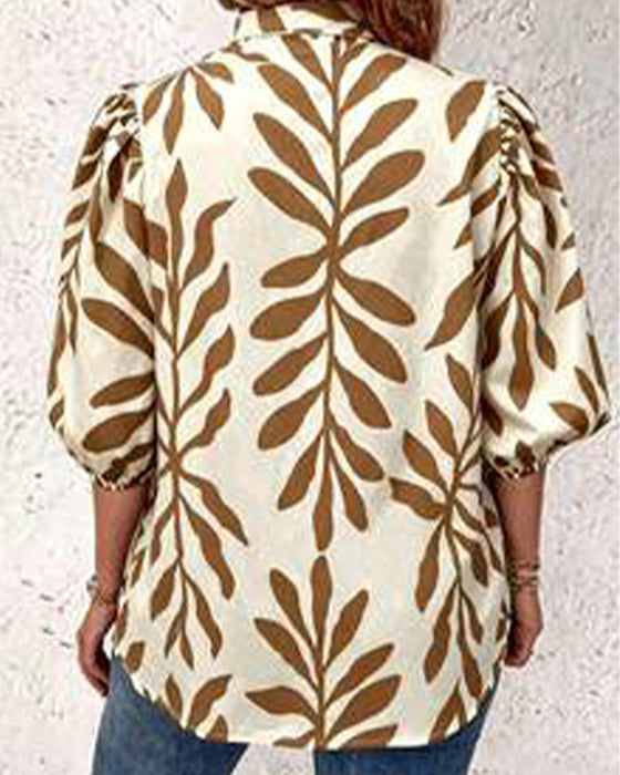 Bluse Stehkragen Blatt Druck