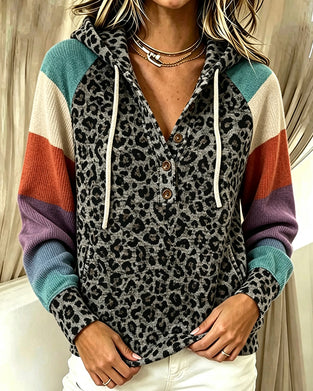 Hoodie Leopard Farbblock Knopf
