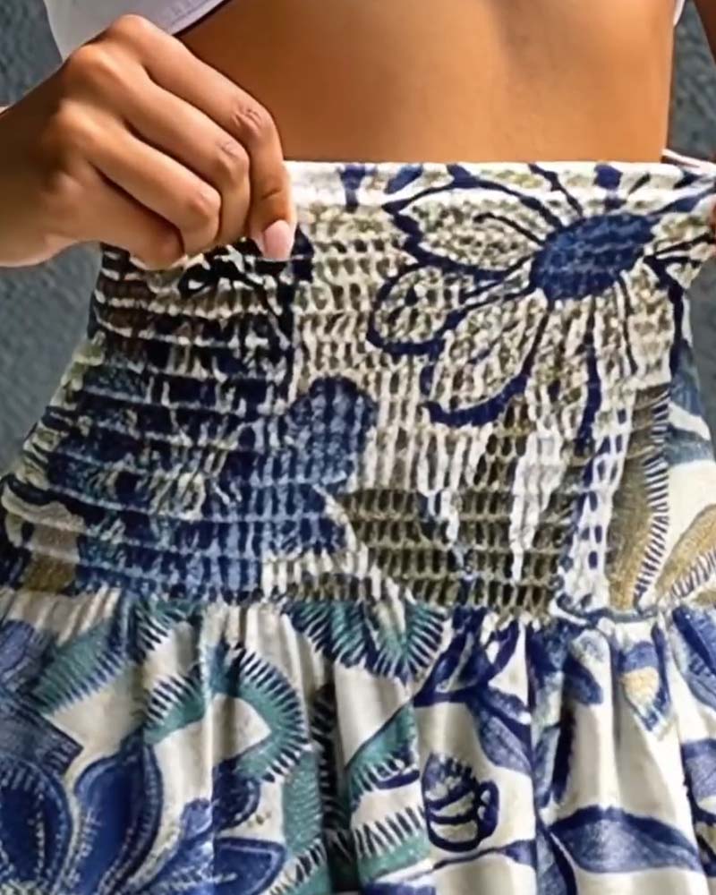 Hose Hoch Tailliert Blumenmuster Gummibund Weit Bein