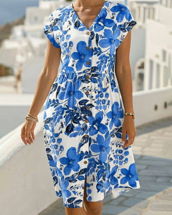 Kleid Blumendruck V-Ausschnitt Kurzarm