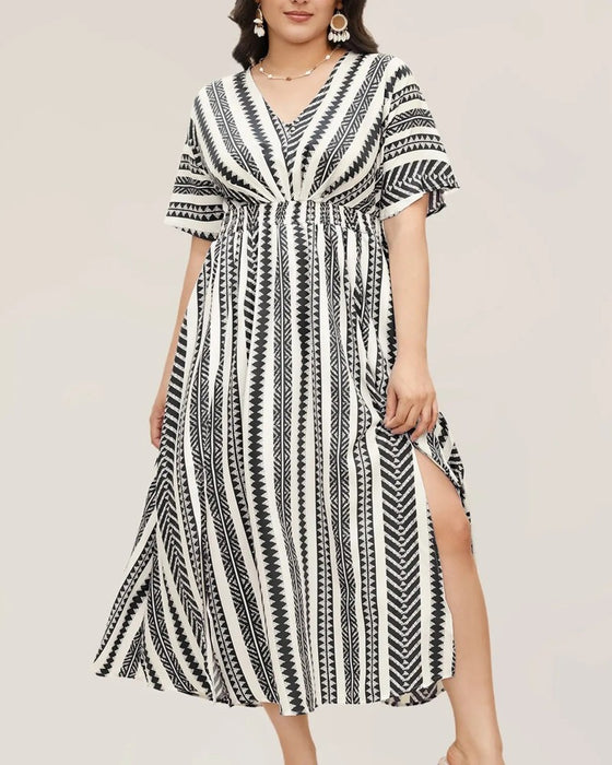 Kleid Tief V Blau Weiß Geometrischer Streifen Taille