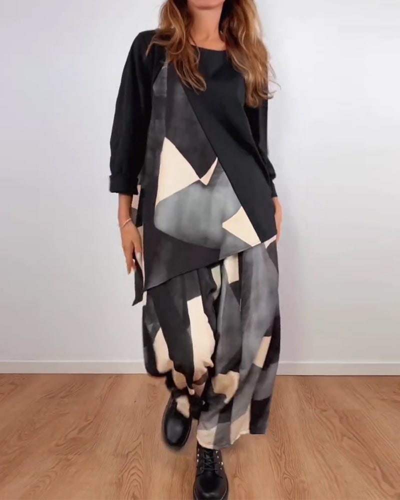 Zweiteiliges Set lässiger geometrischer Druck Weitbeinhose