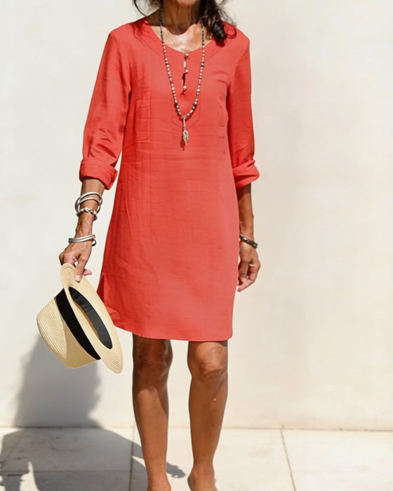 Kleid Halbe Knopfleiste Seitenschlitz Baumwolle Und Leinen