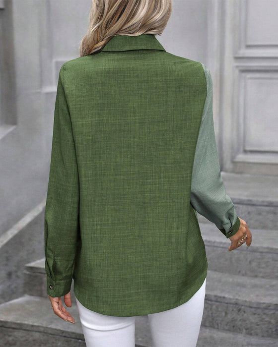 Bluse Mit Einreihigem Knopf Und Farbblock Kragen