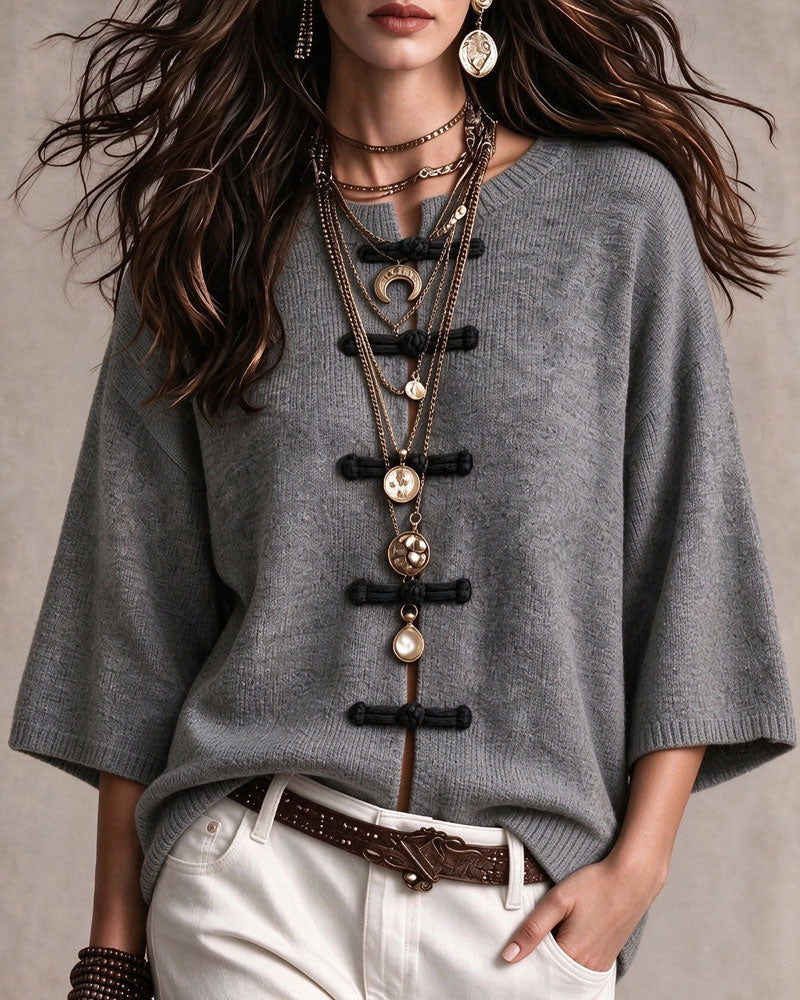 Pullover Runder Hals Chinesischer Knopf Locker