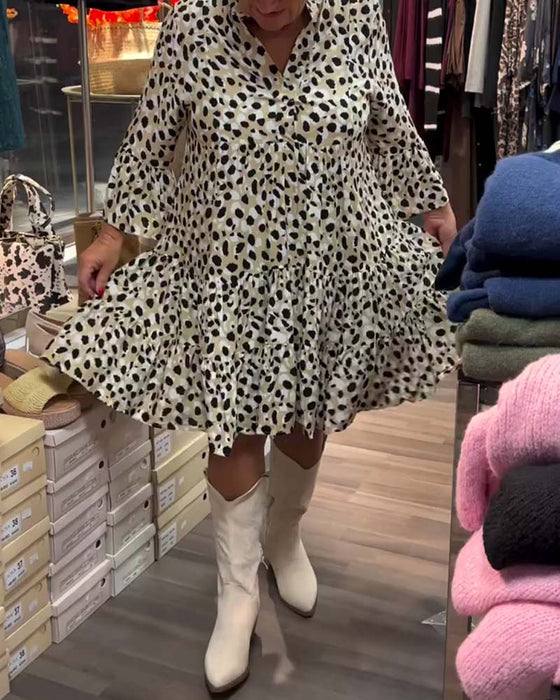 Kleid Glockenärmel Stehkragen Gedruckt