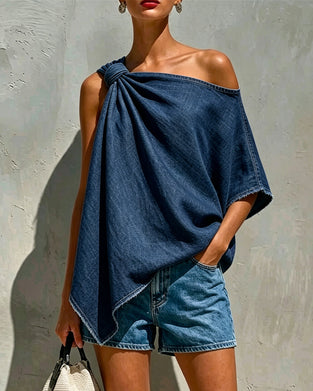 Bluse Denim Knoten Einerschulter
