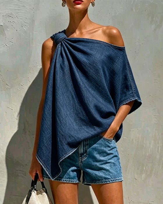 Bluse Denim Knoten Einerschulter