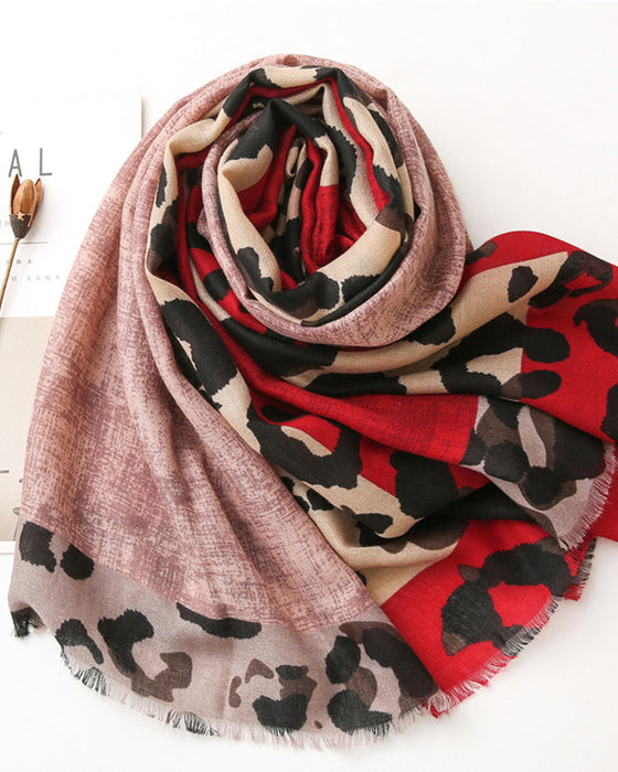 Damen Schal Leopard Patchwork Print Fransen Schal