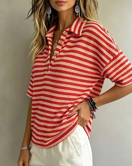 Bluse Polo Kragen Gestreift Knopf Vorne