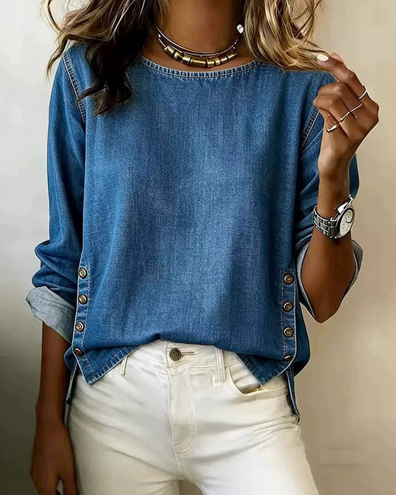 Bluse Rundhals Seitenschlitz Knopf