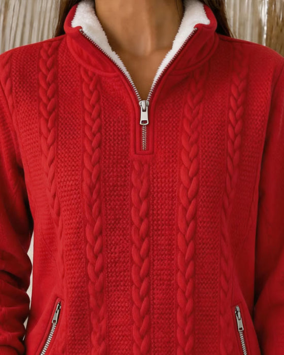 Sweatshirt Zopfstrick Fleece-gefüttert Halber Reißverschluss