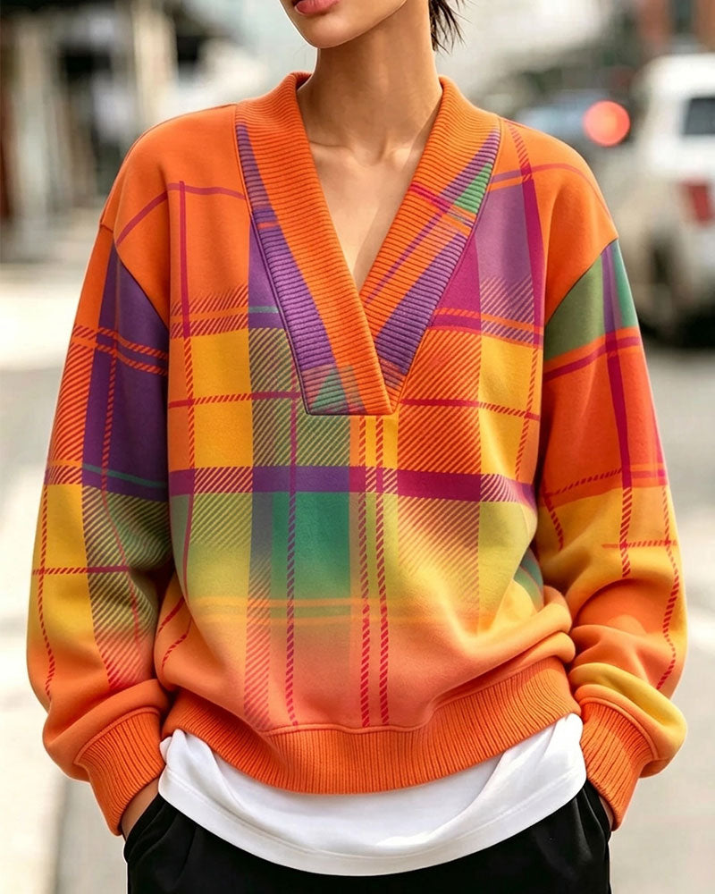 Sweatshirt V-Ausschnitt Karo Lässig