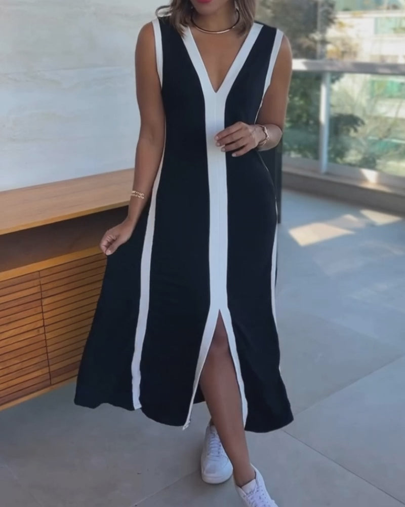 Kleid Colorblock ärmellos Schlitz Maxi