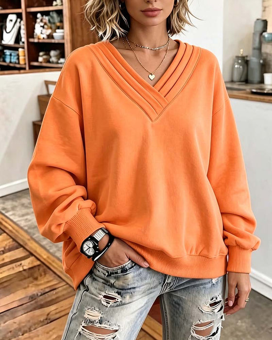 Sweatshirt Doppellage V-Ausschnitt Drop Schulter Locker