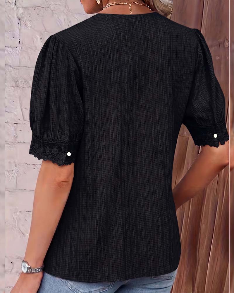 Bluse Spitze Patchwork V-Ausschnitt Puff Ärmel