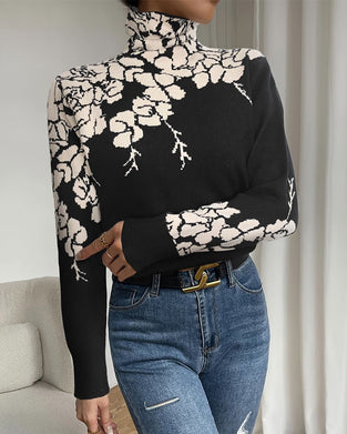 Pullover Hoher Hals Blumig Jacquard
