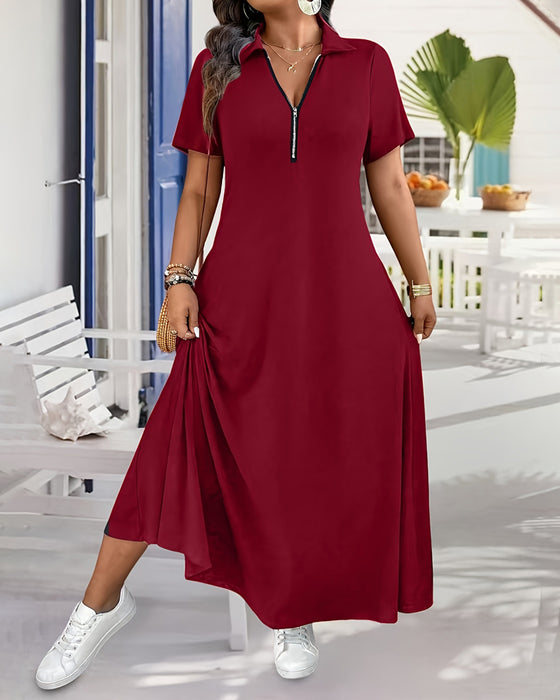 Kleid Kurzer Ärmel Uni Reißverschluss Maxi