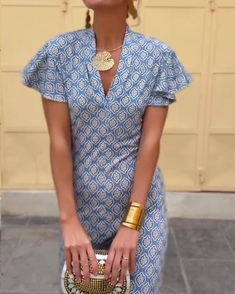 Kleid V-Ausschnitt Diamant Print Rüschenärmel
