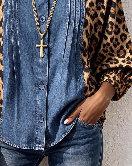Bluse Rundhals Knopf Leopard Denim Patchwork
