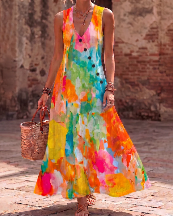 Kleid Ärmellos Aquarell Blumig Elegant Maxi