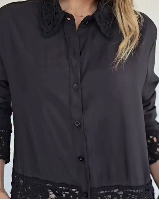 Bluse Revers Saum Spitze Patchwork
