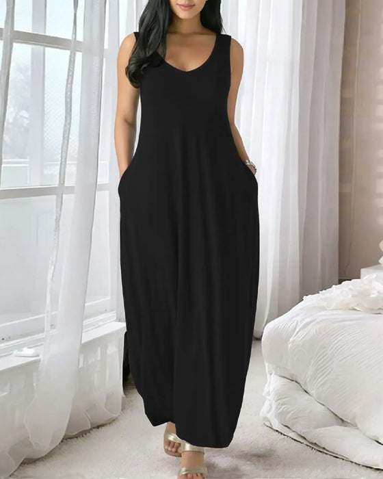Kleid V-Ausschnitt Tasche Locker Tank Lang