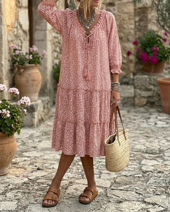 Kleid Blumen Druck Rüschen Bindung