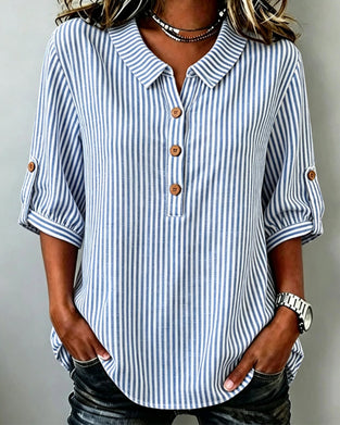 Bluse Lässig Gestreift Henley