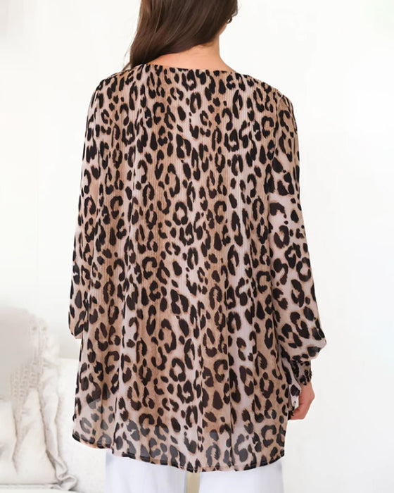 Bluse Rundhals Leopard Unregelmäßig Laterne Ärmel
