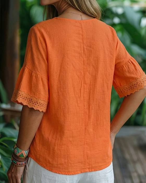 Bluse Spitze Hollow Out V-Ausschnitt