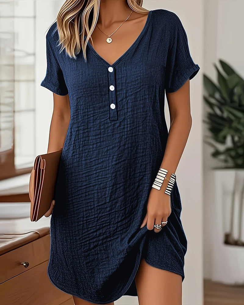 Kleid V-Ausschnitt Plissiert Kurzarm Gerade