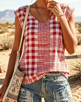 Tank Top V-Ausschnitt Karo Patchwork Ärmellos