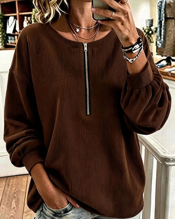 Sweatshirt Rundhals Reißverschluss Gestreift Drop Schulter