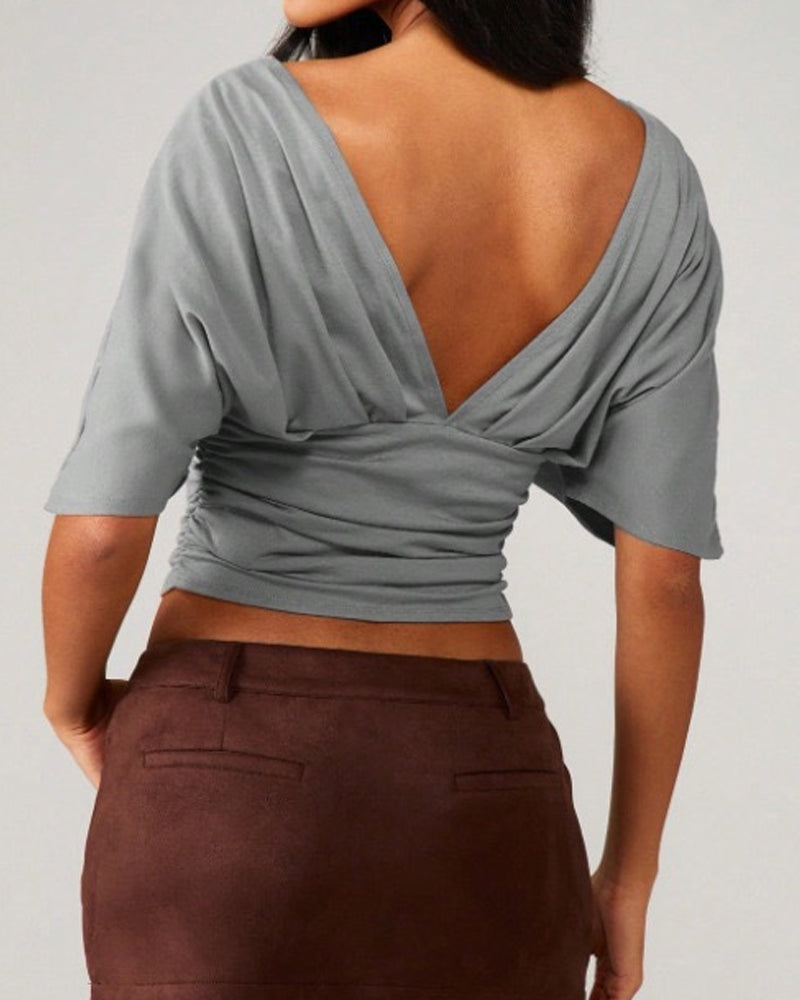 Top V-Ausschnitt Fledermaus Ärmel Taille Binden