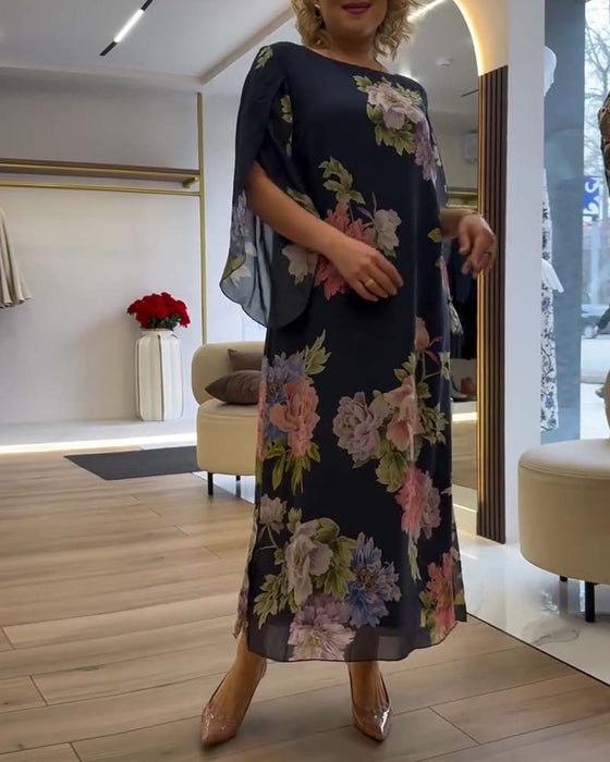 Kleid Rundhals Blumen Schlitz