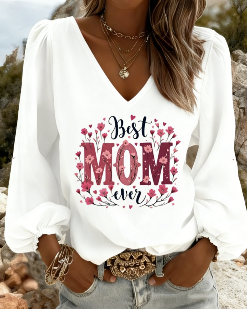 Bluse V-Ausschnitt Laterne Ärmel Druck