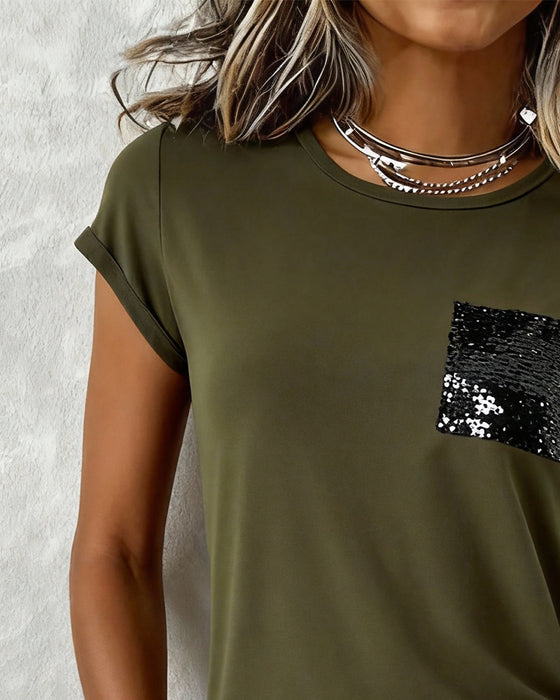 T-Shirt Rundhalsausschnitt Mit Pailletten Uni-Farbe