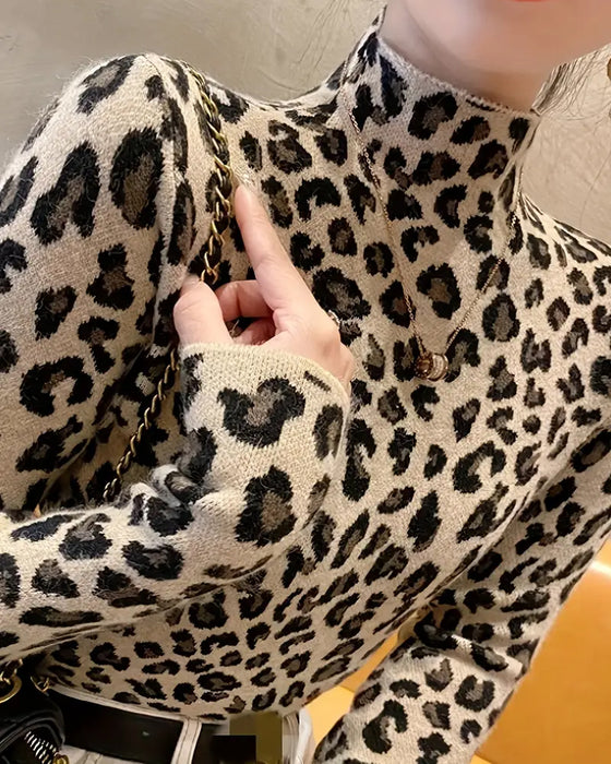 Pullover Rollkragen Leopardenmuster Modisch
