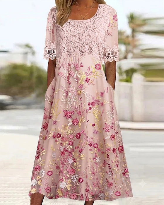 Kleid Spitze Blumenmuster Patchwork A-Linie