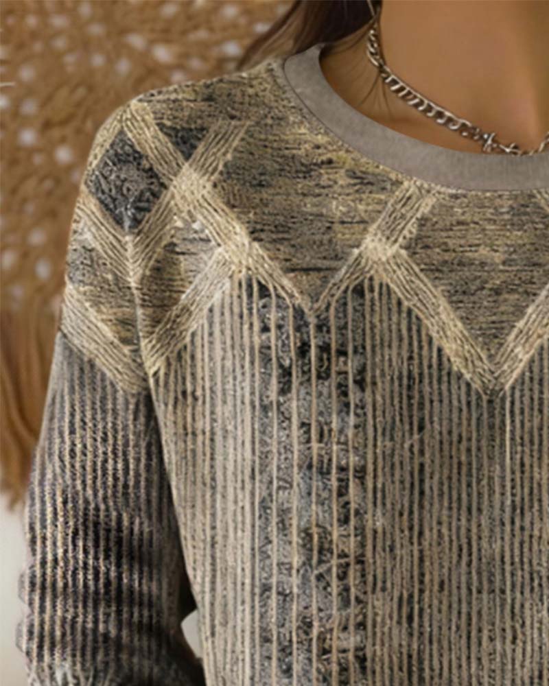 Retro Bedruckter Sweatshirt Mit Rundhalsausschnitt