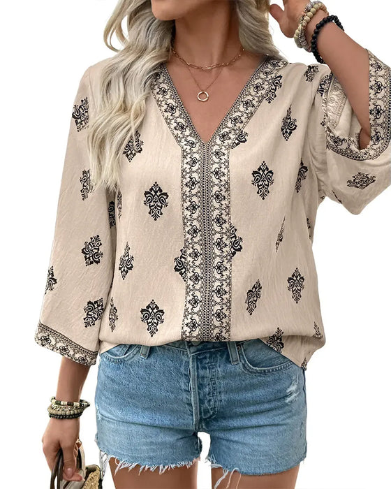 Bluse V-Ausschnitt Ethnisch Locker