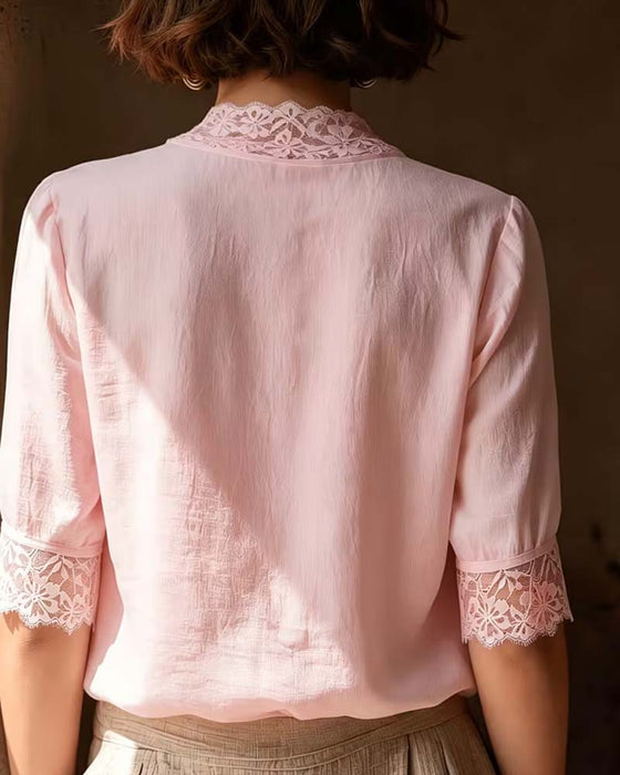 Bluse V-Ausschnitt Spitze Patchwork Uni Dreiviertel Ärmel