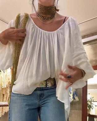 Bluse Puff Laternenärmel Gerafft Rundhals