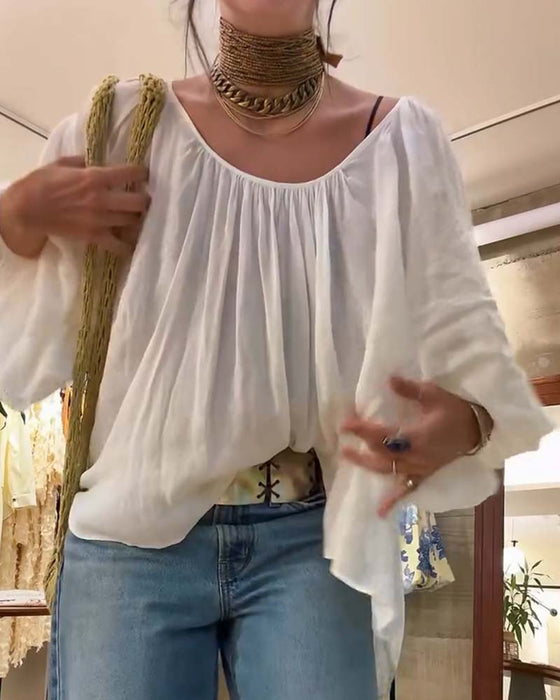 Bluse Puff Laternenärmel Gerafft Rundhals